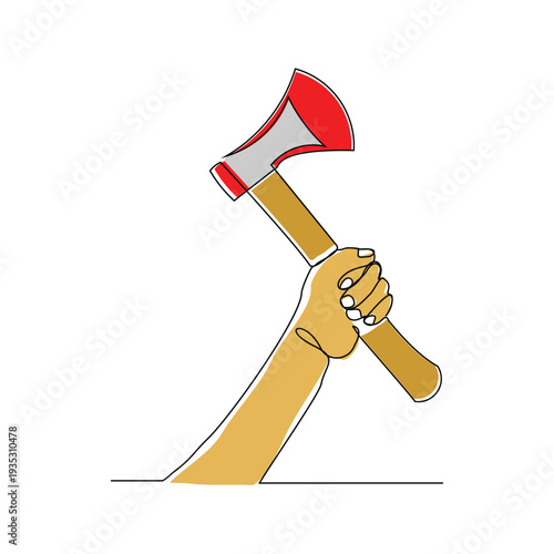 Continuous line sketch drawing Hatchet in a tree stump. A tree stump with an axe stuck. Forest, camping concept. Axe in stuck at stump vector illustration single one editable stroke