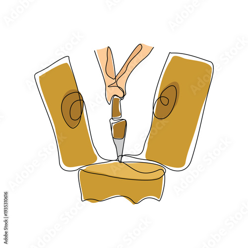 Continuous line sketch drawing Hatchet in a tree stump. A tree stump with an axe stuck. Forest, camping concept. Axe in stuck at stump vector illustration single one editable stroke