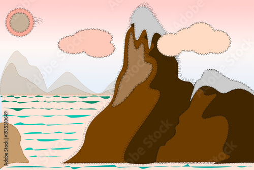 Handmade applique patchwork landscape fuzzy stitched mountains