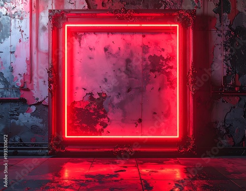 Illuminated neon square frame sits against decaying walls, reflecting in floor, creating an abstract, moody space