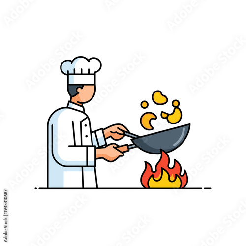 Chef cooking with wok over flame in modern kitchen setting  
