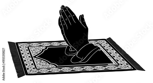 Person in a prayer position with hands clasped on a prayer mat. Vector, illustration