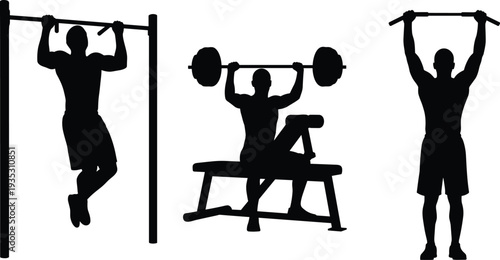 Gym workout silhouettes with pull up bar exercise and barbell weightlifting, strength training athletes fitness bodybuilding equipment illustration set