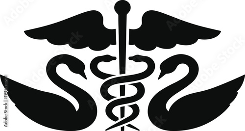 Black and white medical caduceus vector silhouette with two swans and winged staff for healthcare professional symbols pharmacy and medicine clinic identity designs