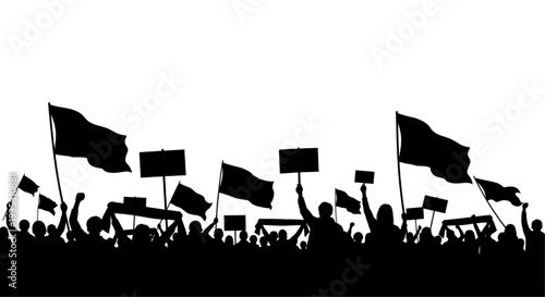 Protest Crowd Silhouette with Flags and Banners Isolated on White Background