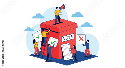 People participating in voting process with ballot box and voting signs illustration