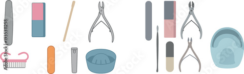 Various nail care tools are displayed, including a file, a buffer, cuticle nippers, and a comb. These tools are organized and ready for use in a beauty treatment setting.