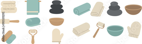 A calm arrangement of towels, spa stones, rolling pin, and mittens indicates a relaxing environment ideal for pampering and wellness activities. This setup invites tranquility and self-care.