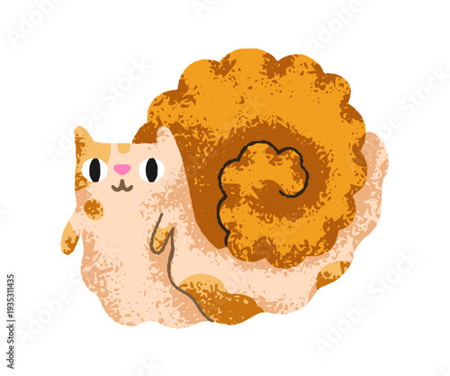 Cute funny baby snail with spiral helix shell. Happy garden animal with antennae, hand drawn in kawaii style. Comic lovely escargot, slime, slug. Flat vector illustration isolated on white background