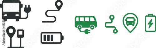 Icons depict an electric bus connected to a charger, a winding road, a location pin, and a battery level indicator, highlighting eco-friendly transit options in cities.