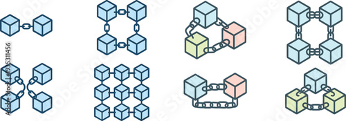 Illustrations display different configurations of connected blocks, highlighting chain formations and network designs useful for technology and creative projects.