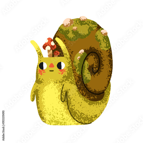 Cute funny snail with mushrooms and moss on shell. Whimsical garden nature. Spring slug, lovely kawaii slime with spiral helix in kids style. Flat vector illustration isolated on white background