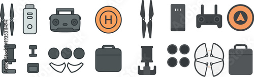 A diverse range of drone equipment is displayed for aerial photography, including propellers, batteries, remote controls, a landing pad, and carrying cases for gear organization.