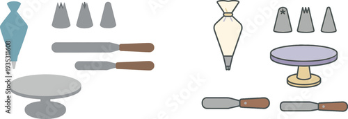 A variety of baking tools are neatly displayed on a surface, including a piping bag, icing tips, and spatulas, ready for cake decorating activities in a kitchen setting.