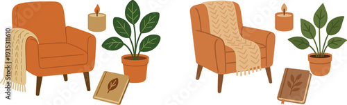 A cozy living room corner has an orange armchair, a soft blanket, a lit candle, a potted plant, and an open book on the floor, creating a serene atmosphere.