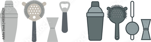 A collection of essential cocktail making tools is displayed prominently. The shaker, strainer, jigger, and bottle opener are neatly arranged, highlighting their sleek design and functionality.