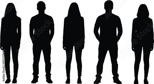 Five black silhouettes of people standing on white background 1