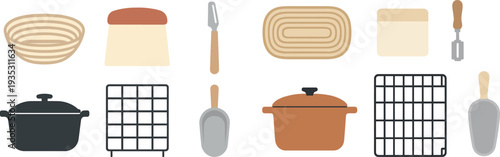 Different kitchen utensils and baking tools are displayed, including a mixing bowl, loaf pan, baking sheet, and a scoop, showcasing a modern culinary setup.