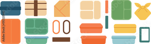 A collection of food containers including bento boxes, lunch trays, and envelope-shaped covers sits neatly on a flat surface, showcasing a variety of colors and designs.