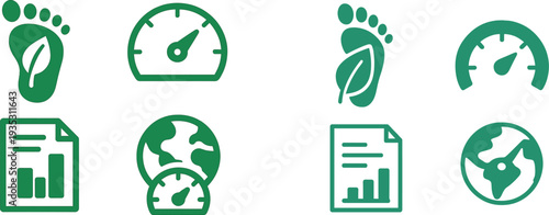 Symbols illustrate key sustainability concepts including carbon footprint, environmental metrics, and global awareness. These visuals promote understanding of eco-friendly practices.