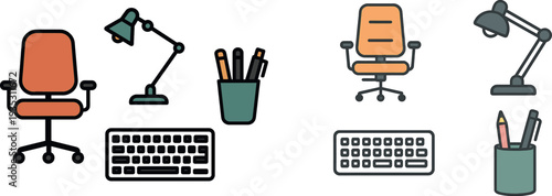 Bright and modern workspace features an orange ergonomic chair, a sleek desk lamp, and assorted writing tools in a pen cup next to a keyboard, promoting comfort and efficiency.
