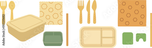 A colorful arrangement features a lunch box with a lid, a small green container, utensils, and a patterned wrap. Perfect for meal prepping and packing for school or work.