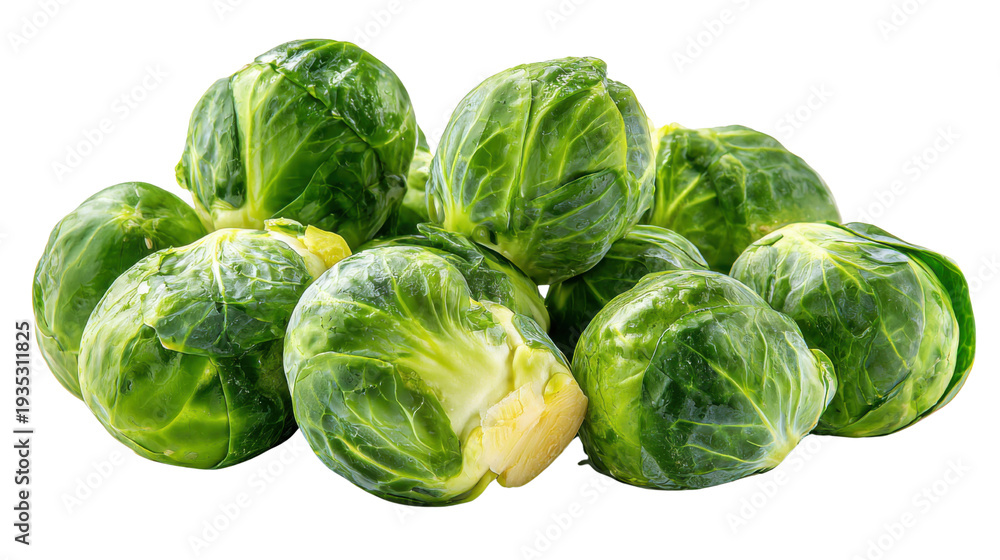 Fototapeta premium Fresh Brussels sprouts cluster isolated on transparent background, green organic cabbage vegetable, high resolution healthy food cutout for cooking design