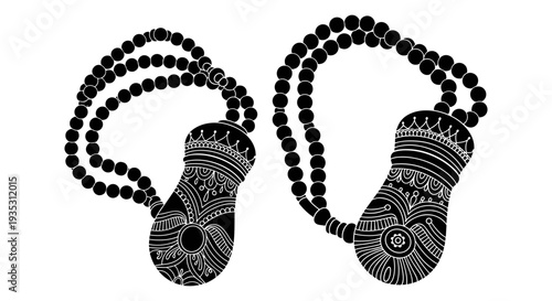 Intricate black beaded bracelets with decorative charms attached to each end Vector, illustration