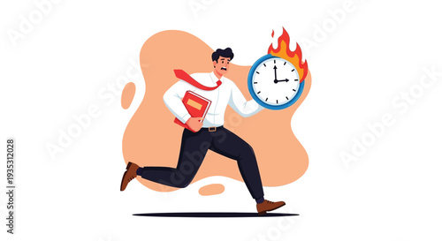 Man running with a burning clock and documents in a frantic business rush illustration