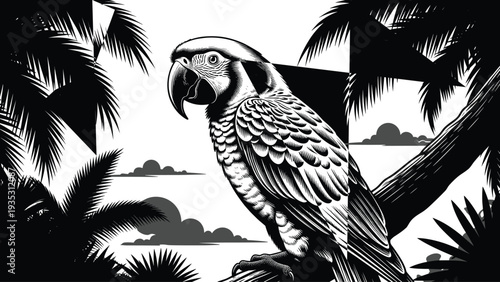 Black and white illustration of a tropical macaw parrot perched in a jungle with palm trees and clouds in a detailed woodcut style.