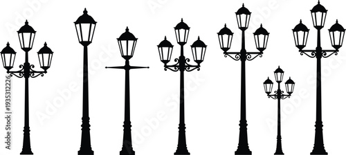 Black silhouettes of various street lamps on white background lamp posts