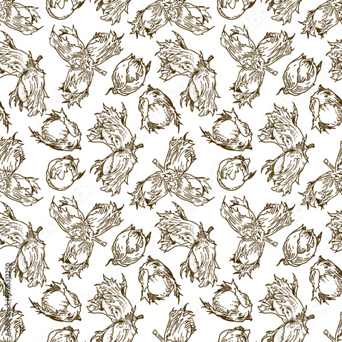 Seamless pattern on a white background with brown hazelnuts.