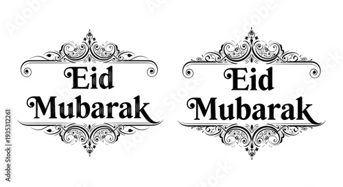 Elegant eid mubarak decorative text with intricate designs on white background Vector, illustration