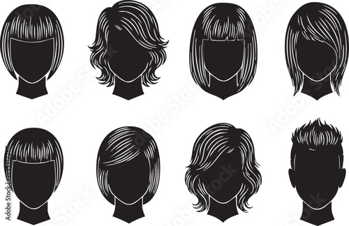 Eight black silhouettes of different hairstyles on white background haircuts black and white