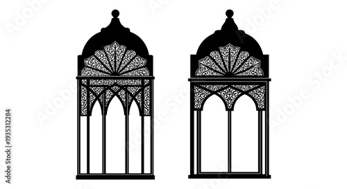 Intricate designs of traditional black metal street lanterns with ornate patterns Vector, illustration