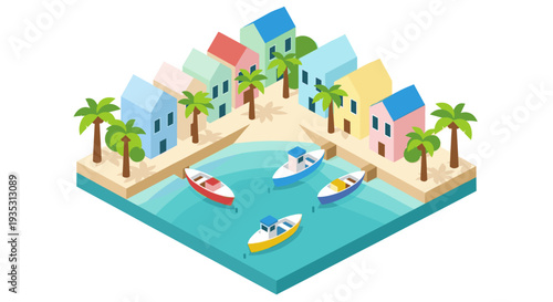 Isometric illustration featuring a vibrant tropical village with colorful houses, palm trees, and boats in a calm bay, perfect for travel, vacation or summer themes.