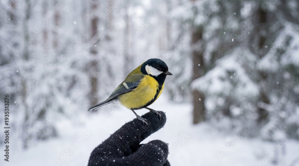 Fototapeta premium Great Tit Bird Perched on Hand in Snowy Winter Forest Landscape