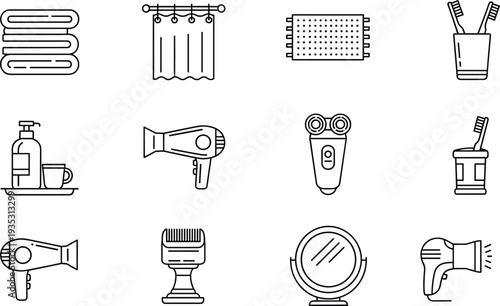 Bathroom and personal care line icons set, hair dryer razor toothbrush mirror towel hygiene vector illustration collection