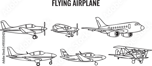 Five black and white line airplanes in different styles and positions aircraft line black and white