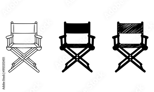 Director's Chair Icons Set in Outline, Silhouette and Sketch Style, Folding Film Director Seat Symbol for Cinema, Movie Production and Entertainment Industry Design