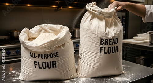 Two bags of flour labeled all-purpose and bread on kitchen counter  