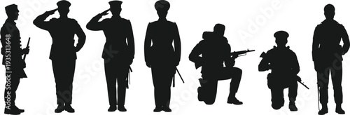 Military Soldier Silhouette Set Army Salute Standing and Kneeling Armed Forces Personnel Defense Security Warrior Vector Illustration Isolated Collection