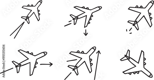 Five black and white line of airplanes in different flight directions line black and white