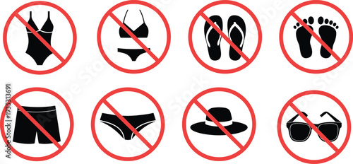 No Swimwear Accessories Icons Set Vector Illustration Featuring Prohibited Clothing Symbols Including Bikini Shorts Flip Flops Hat Sunglasses and Barefoot Warning Signs