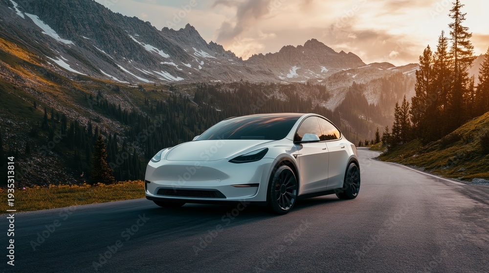 Fototapeta premium A sleek white car parked on a winding road surrounded by majestic mountains and sunset