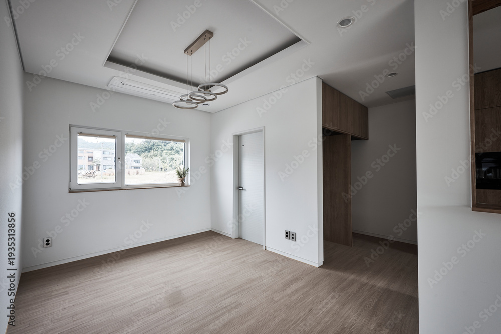 Fototapeta premium Modern interior architecture with clean lines, natural light, and contemporary design in a modern building, no people.