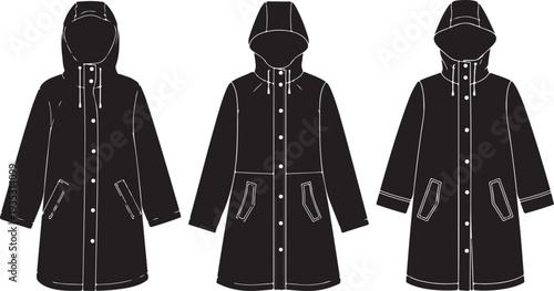 Black Hooded Parka Coat Illustrations in Minimalist Style