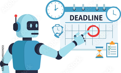 Robot pointing at a digital deadline interface with time management icons.