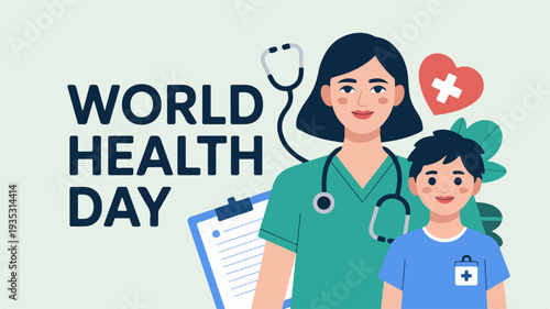 World health day illustration with doctor and child stethoscope and clipboard green and blue medical theme