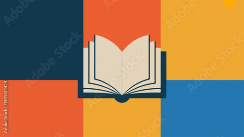 Minimalist book fair illustration with open book on colorful background symbolizing reading and literature